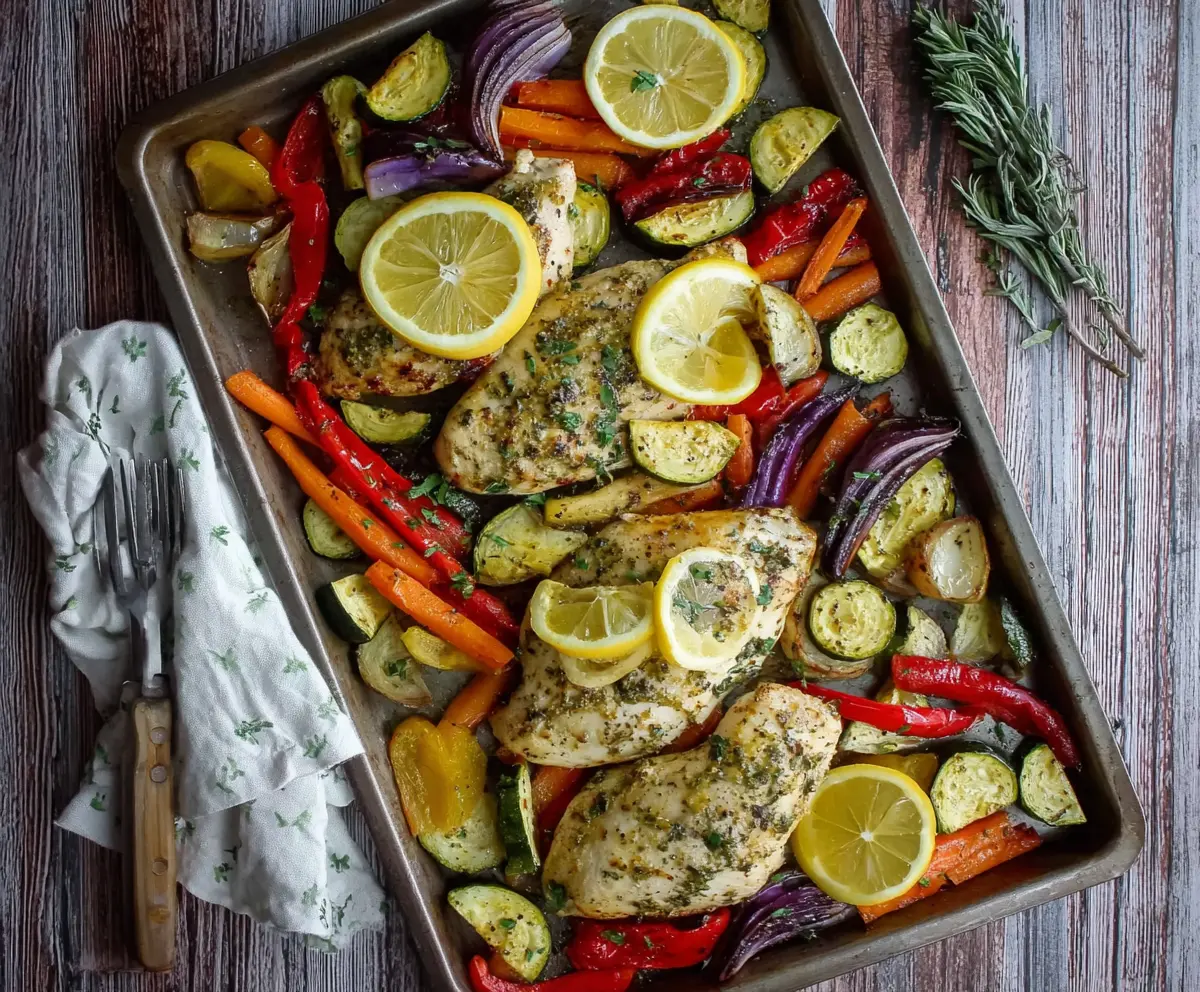 Delicious sheet pan lemon herb chicken with colorful roasted vegetables, perfect for a healthy dinner.