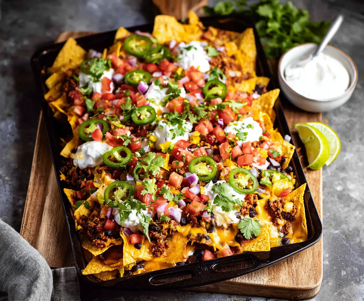 Delicious crispy sheet pan nachos topped with melted cheese, jalapenos, and fresh herbs on a rustic wooden table