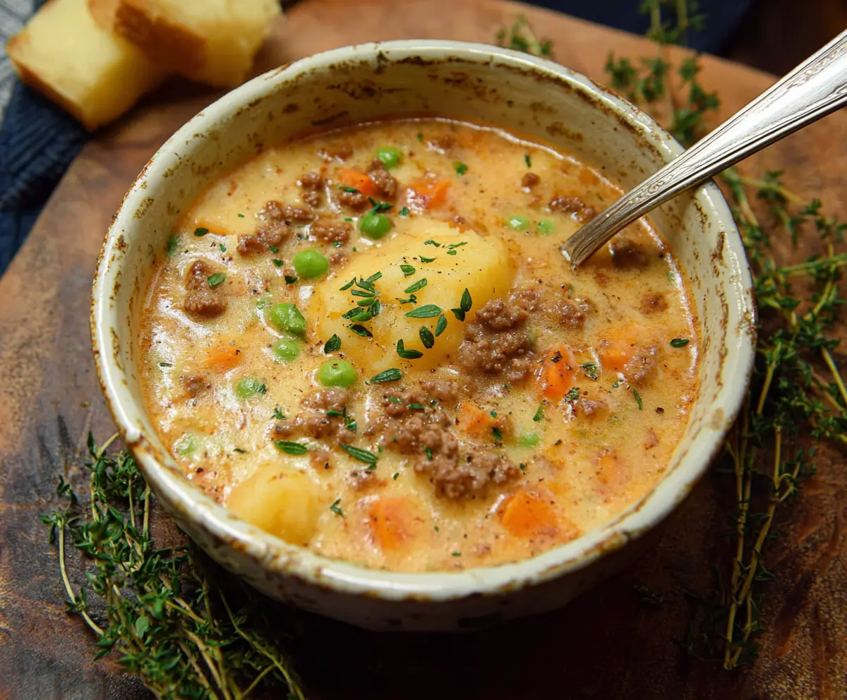 Hearty Shepherd's Pie Soup with mashed potatoes, minced meat, and vegetables in a bowl.
