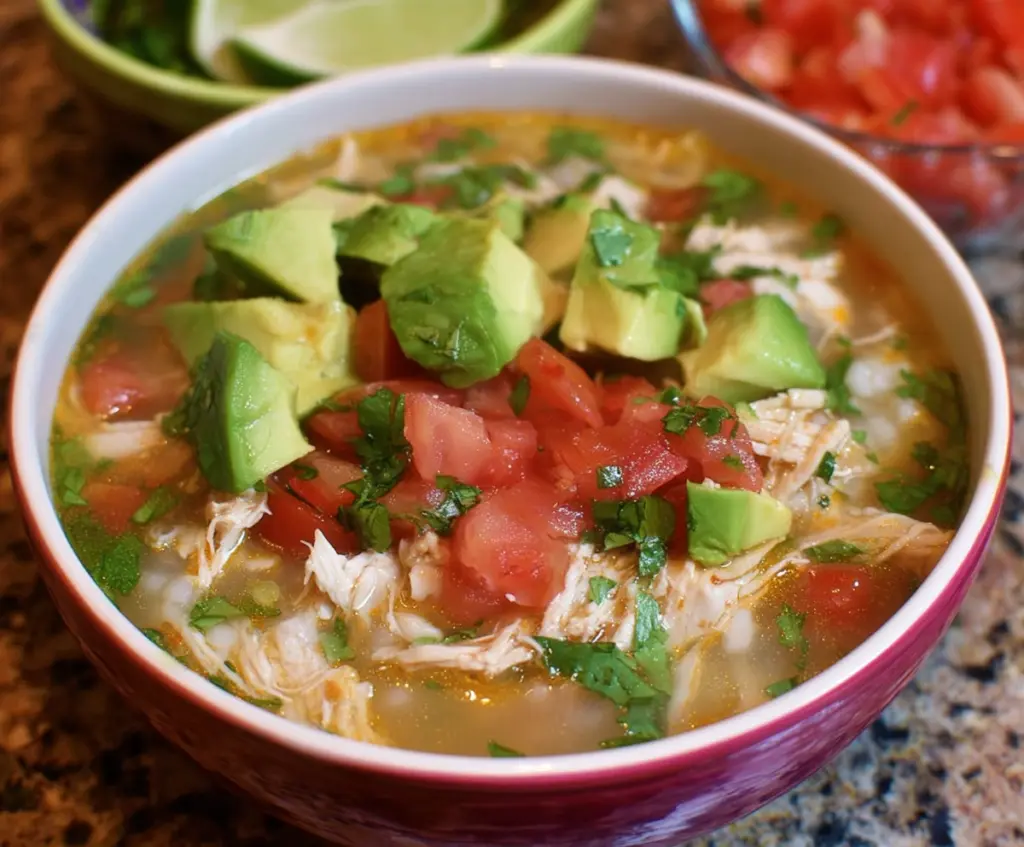 Hearty Slow Cooker Mexican Chicken Lime Soup in a bowl with fresh cilantro and lime slices.