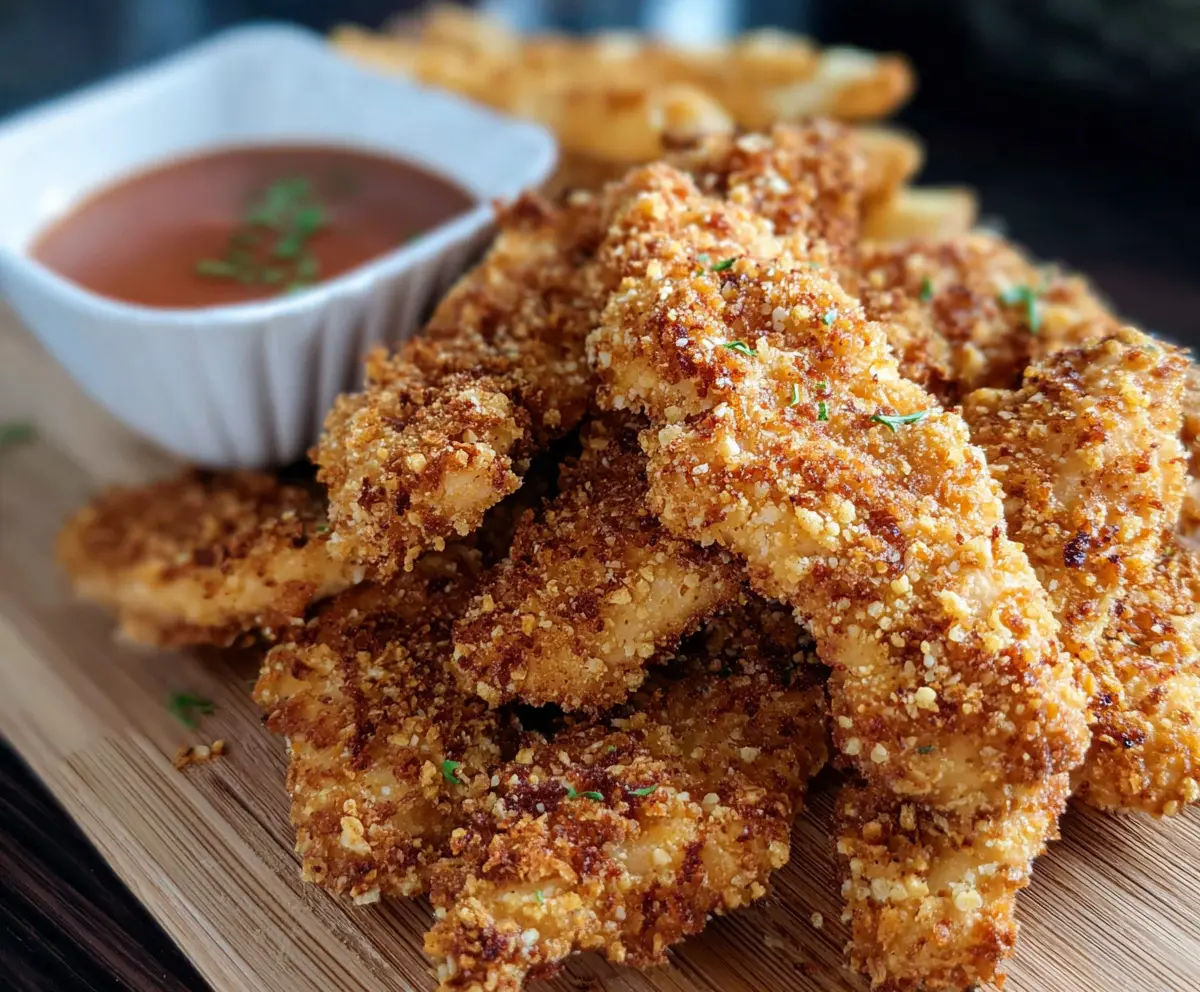Crispy sourdough discard chicken strips on a plate, perfect for a flavorful snack or meal.