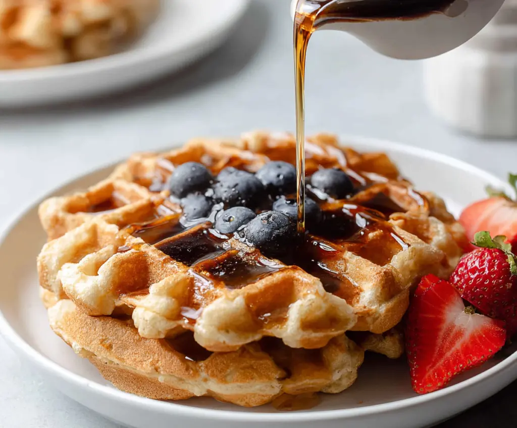 Crispy sourdough discard waffles topped with fresh berries and maple syrup on a breakfast plate.