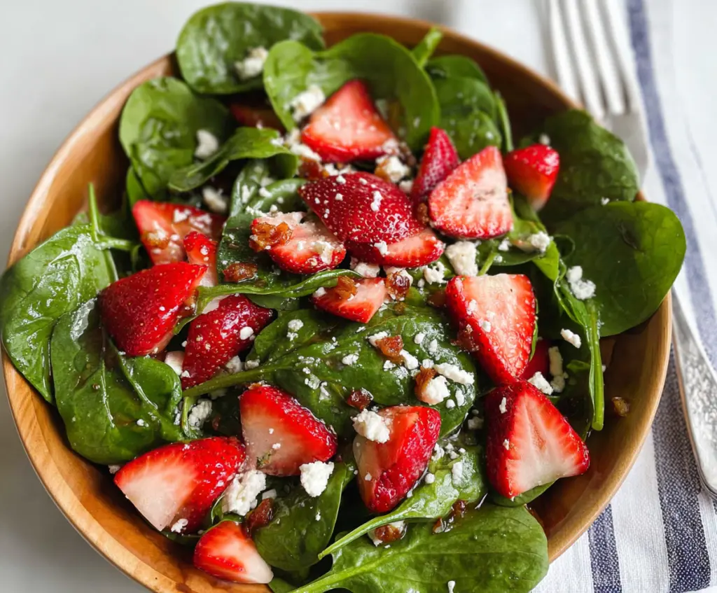 Fresh spinach and sweet strawberries in a vibrant spinach strawberry salad