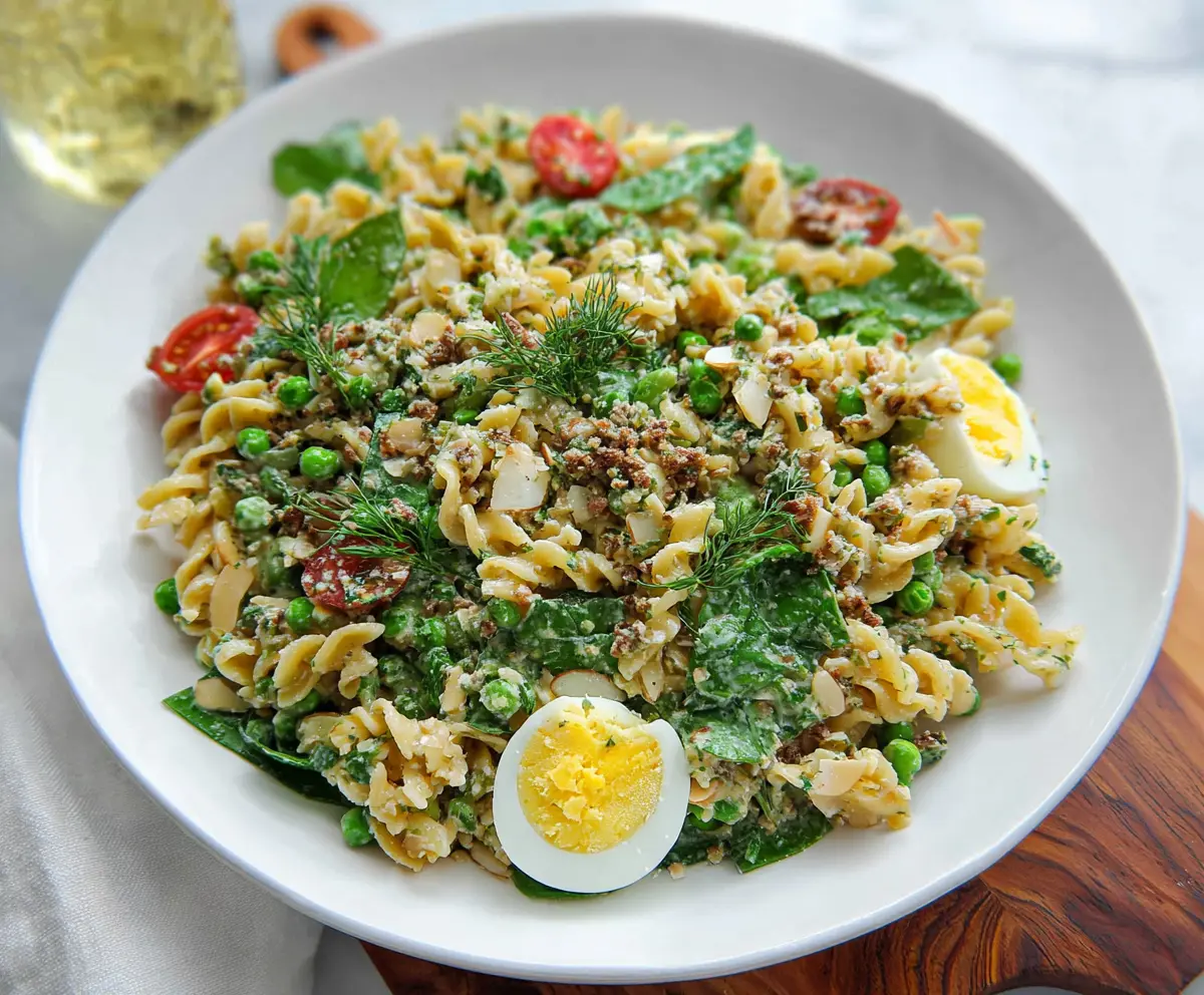 Colorful spring pasta salad with fresh vegetables and protein on a white plate