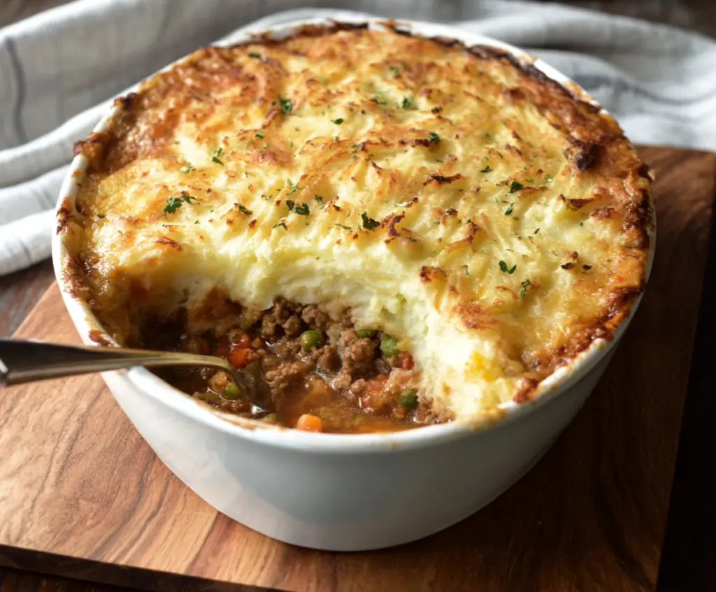 Delicious turkey shepherd's pie with mashed potato topping and savory filling in a baking dish.