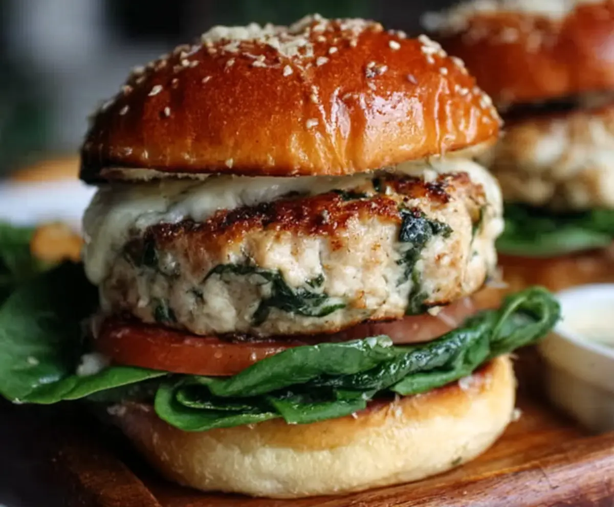Delicious White Cheddar Spinach Chicken Burgers served on a plate