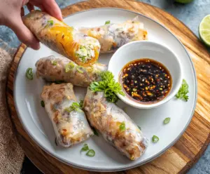 Crispy air fryer rice paper rolls filled with fresh vegetables and herbs.
