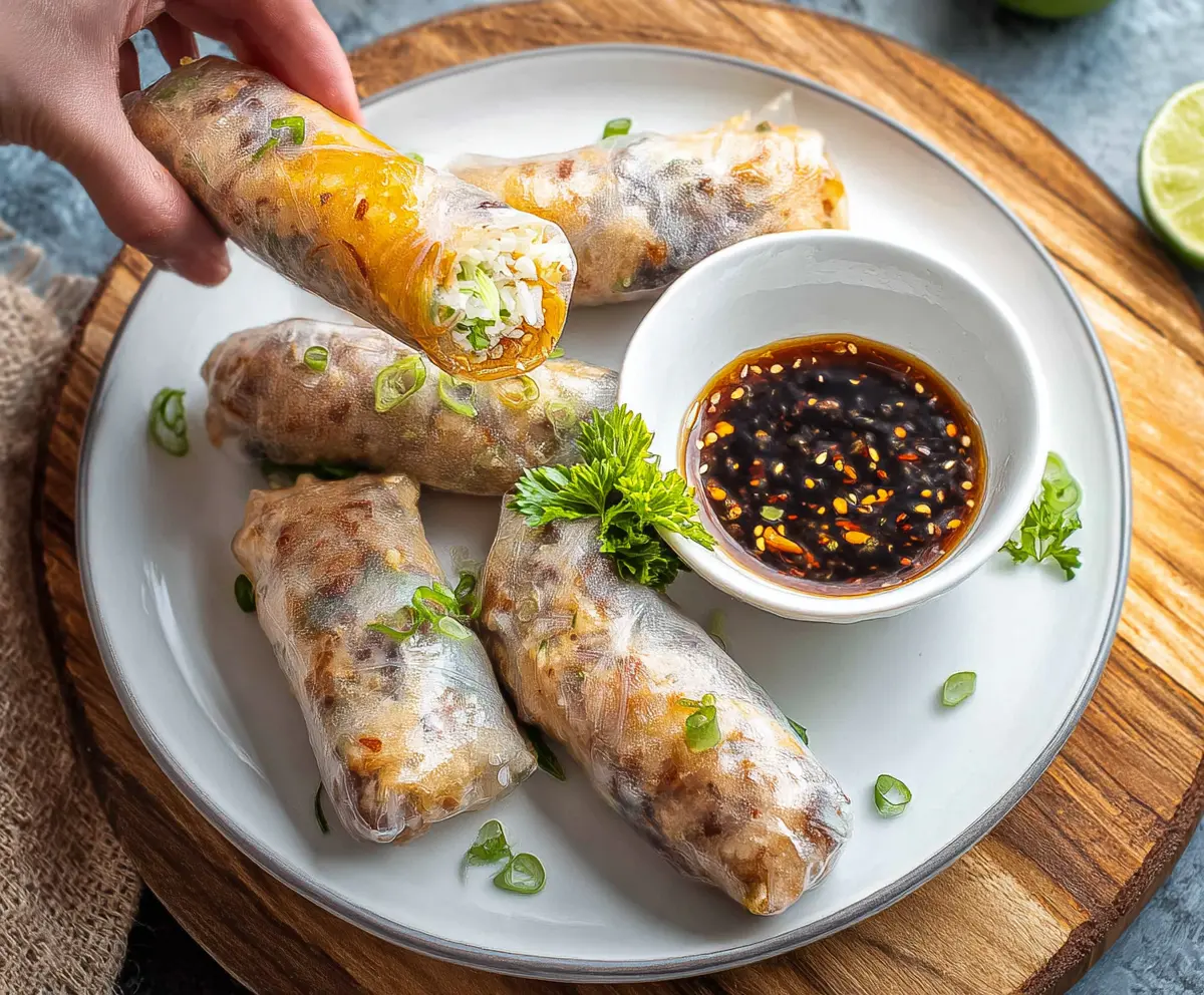 Crispy air fryer rice paper rolls filled with fresh vegetables and herbs.