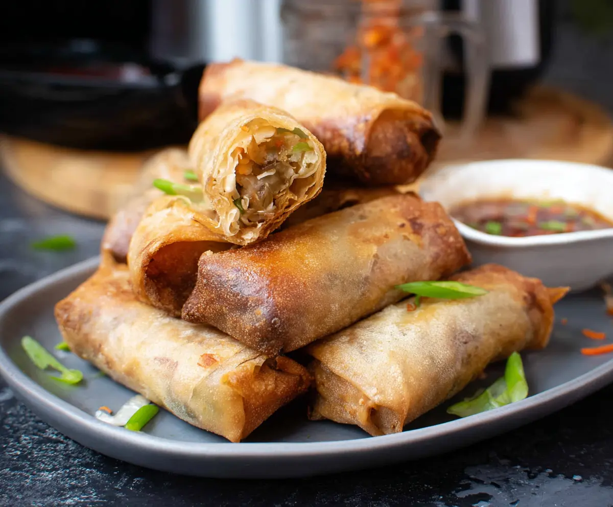 Crispy air fryer spring rolls bursting with fresh vegetables and served on a white plate.