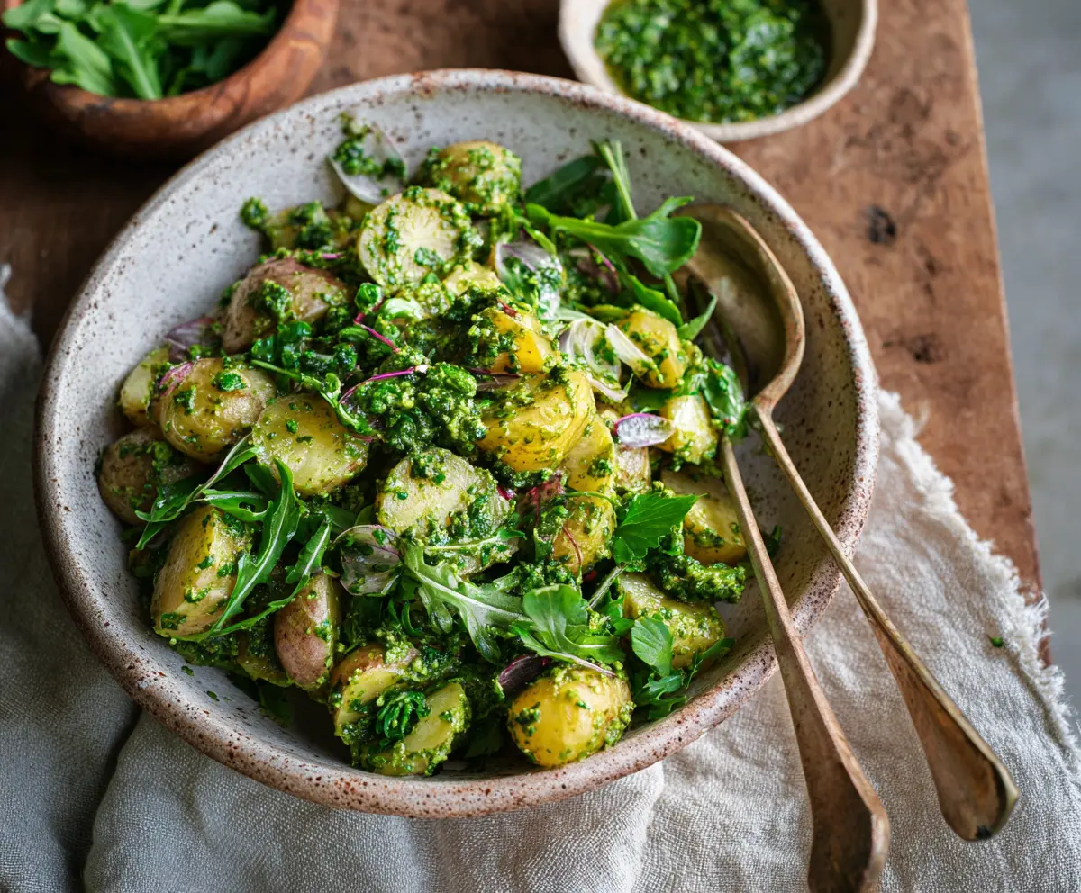 Fresh arugula pesto potato salad with vibrant greens and creamy dressing.