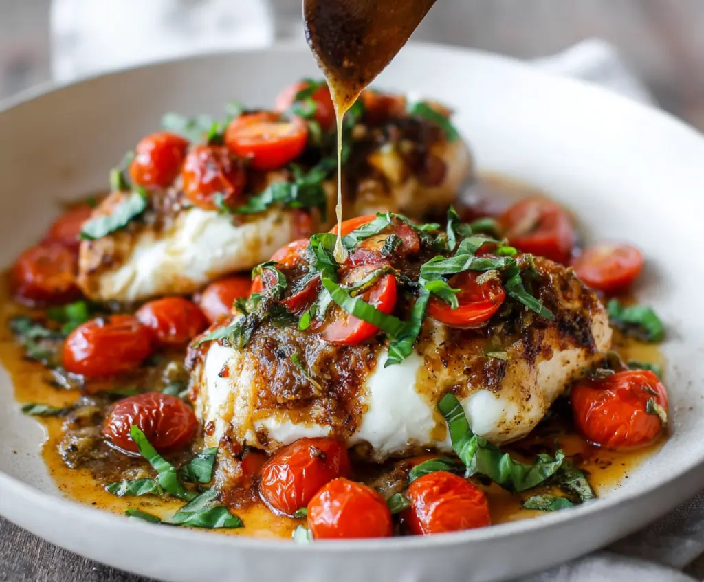 Delicious baked Caprese chicken garnished with fresh basil and melted mozzarella cheese