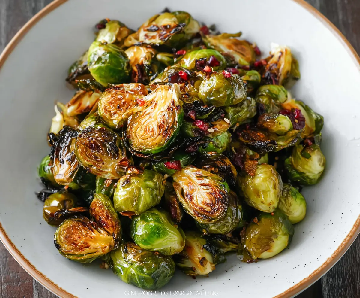Delicious roasted Brussels sprouts drizzled with balsamic vinegar, perfect for a healthy side dish.