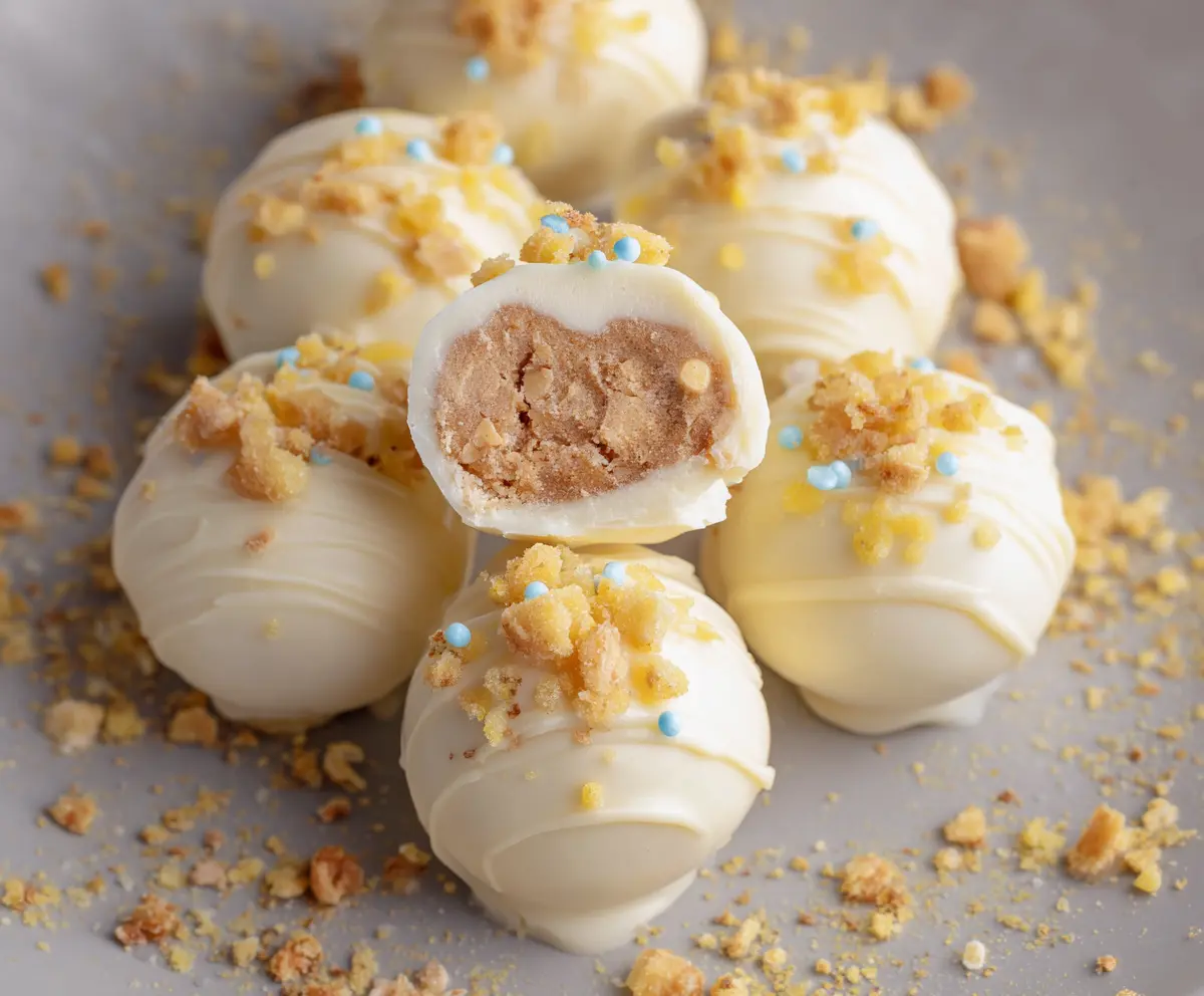 Delicious Banana Pudding Easter Truffles garnished with colorful sprinkles for a festive dessert.