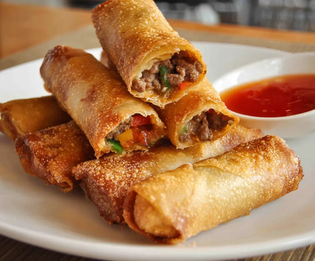 Crispy beef lumpia served with dipping sauce on a plate