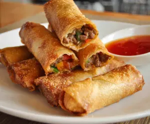 Crispy beef lumpia served with dipping sauce on a plate