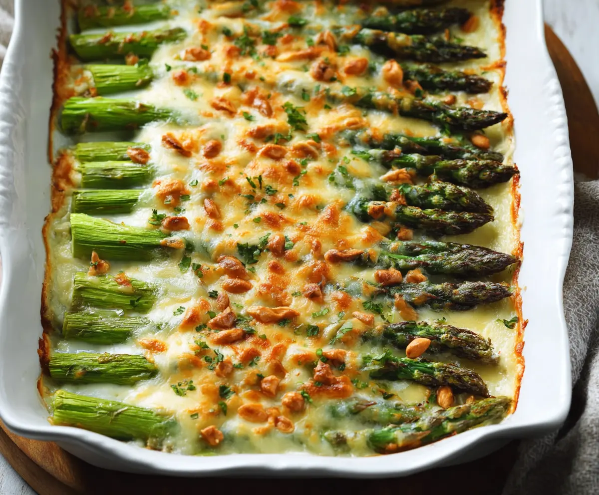Delicious cheesy baked asparagus served on a plate, perfect for a healthy appetizer or side dish.