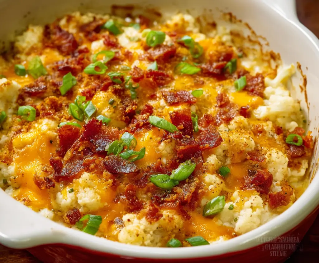 Delicious cheesy loaded cauliflower casserole topped with melted cheese and bacon bits