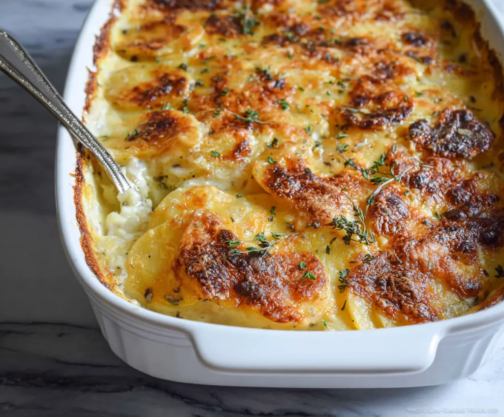 Delicious cheesy scalloped potatoes bake topped with golden cheese and herbs.