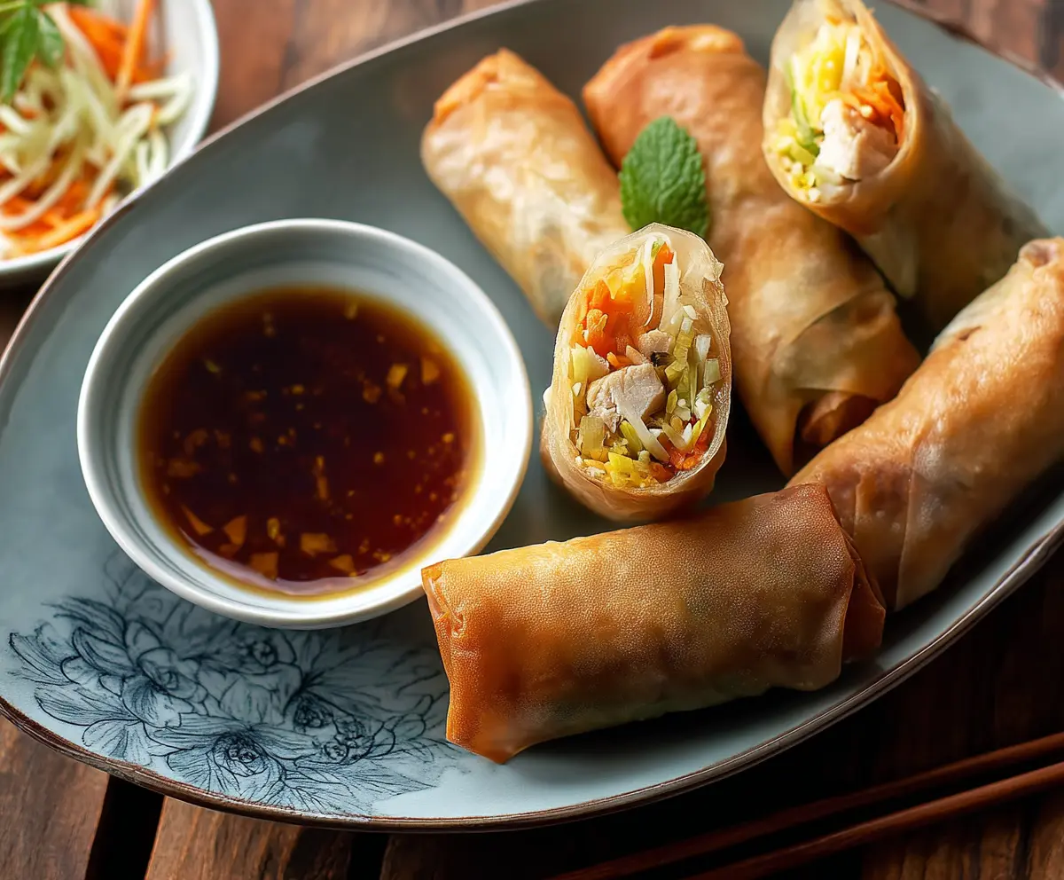 Delicious chicken spring rolls crispy and golden, perfect appetizer for any meal.