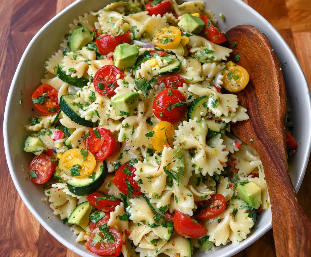 Fresh cilantro lime pasta salad with colorful vegetables and zesty dressing.