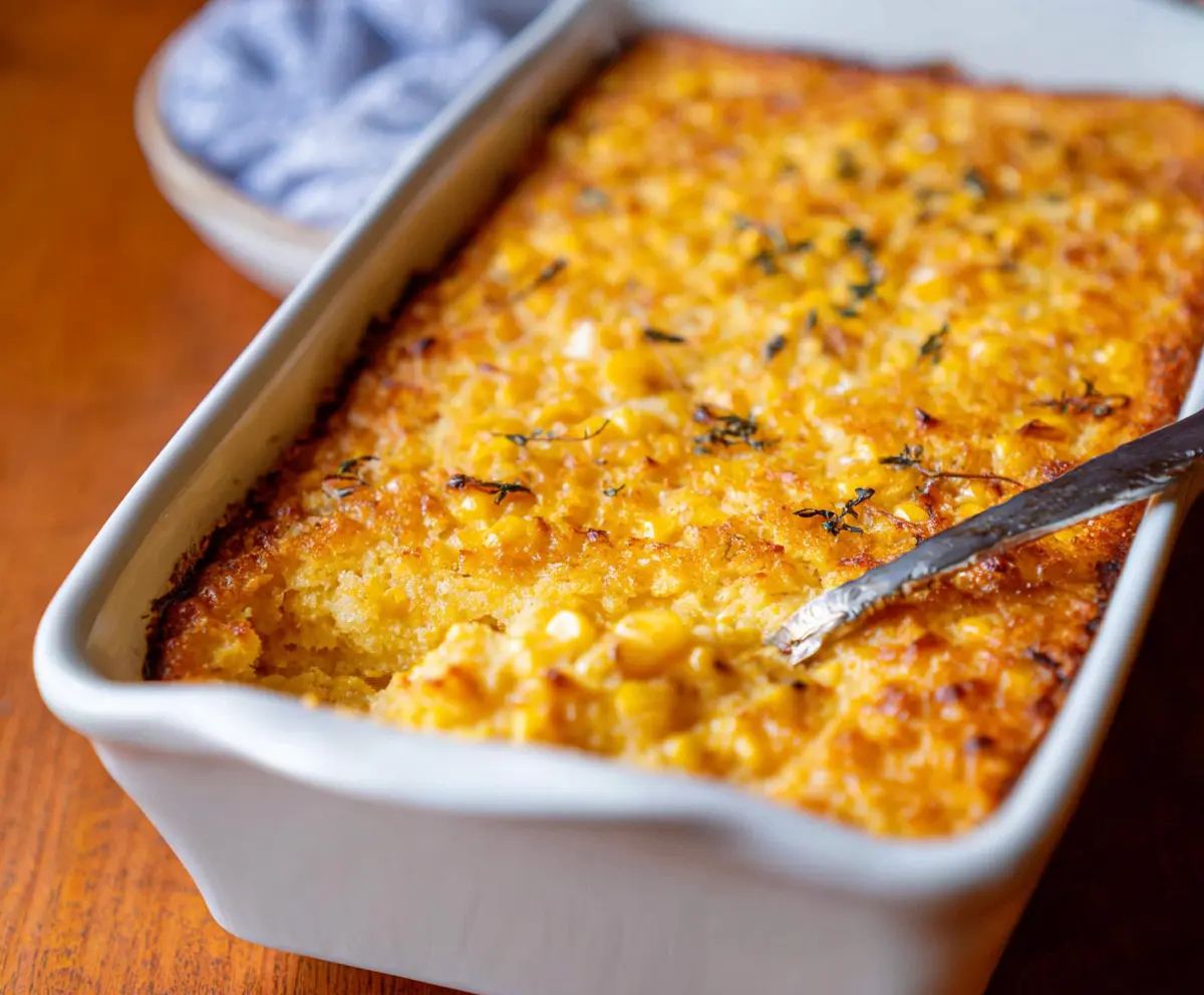 Delicious golden corn casserole in a baking dish, perfect for family dinner or holiday gatherings.