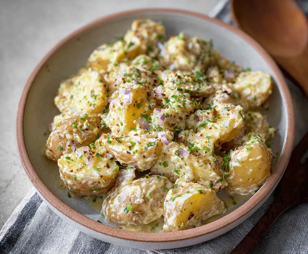 Creamy mustard potatoes served in a rustic bowl, garnished with fresh herbs for a flavorful side dish.