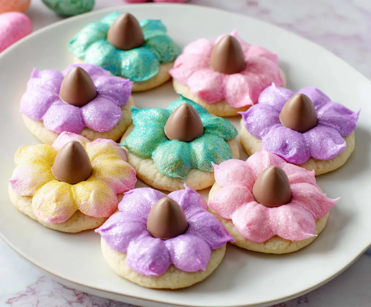 Colorful Easter Blossom Cookies decorated with pastel icing and sprinkles for spring celebration.