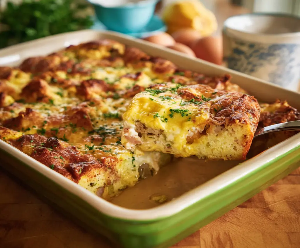 Delicious Easter Breakfast Casserole with eggs, cheese, and vegetables in a baking dish.