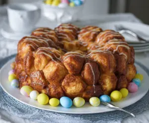 Delicious Easter Brunch Monkey Bread topped with powdered sugar and fresh berries.