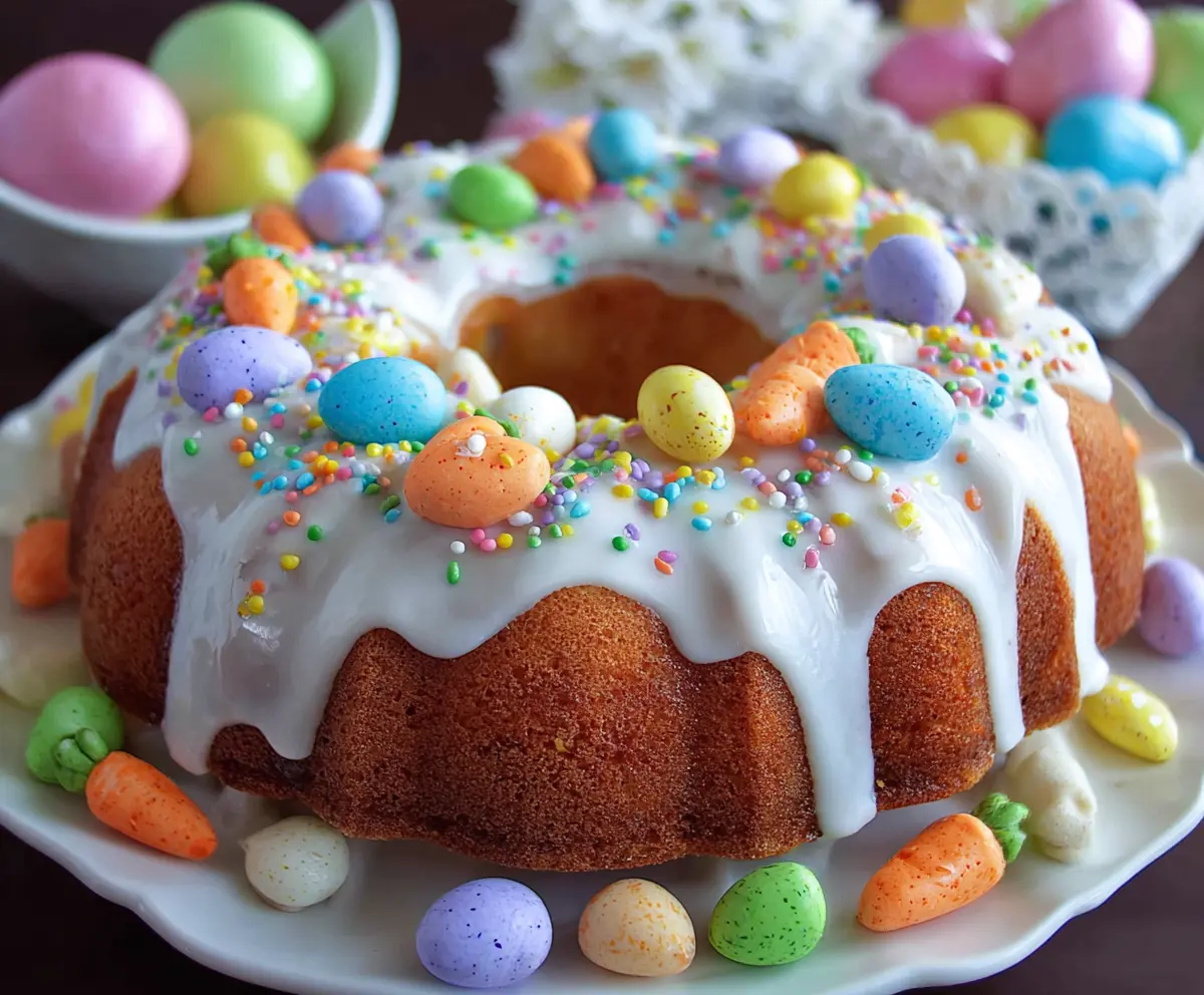 Delicious Easter Bundt Cake decorated with spring flowers and pastel colors for a festive celebration