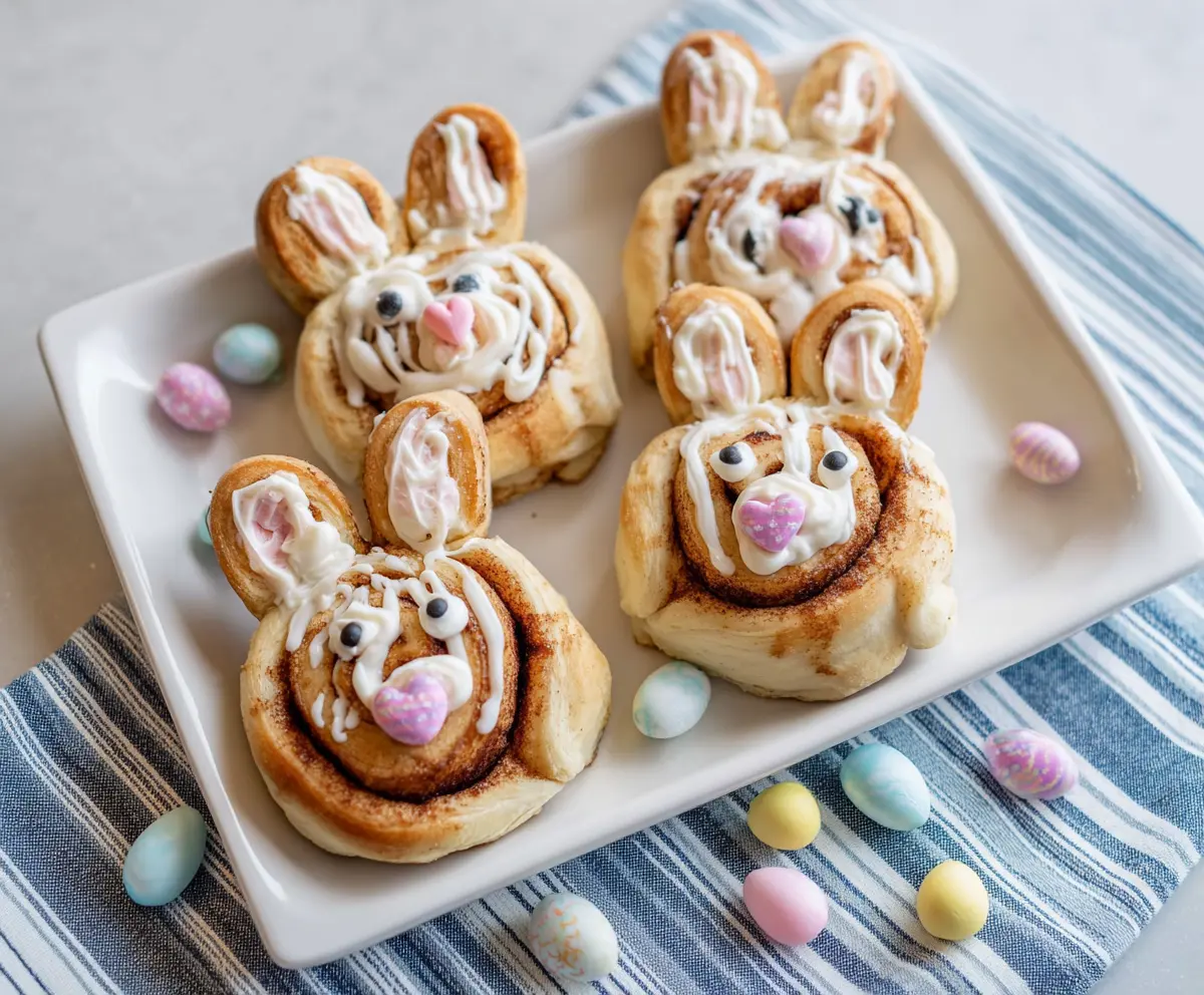 Easter Bunny Cinnamon Rolls with festive icing and colorful sprinkles for spring celebration.