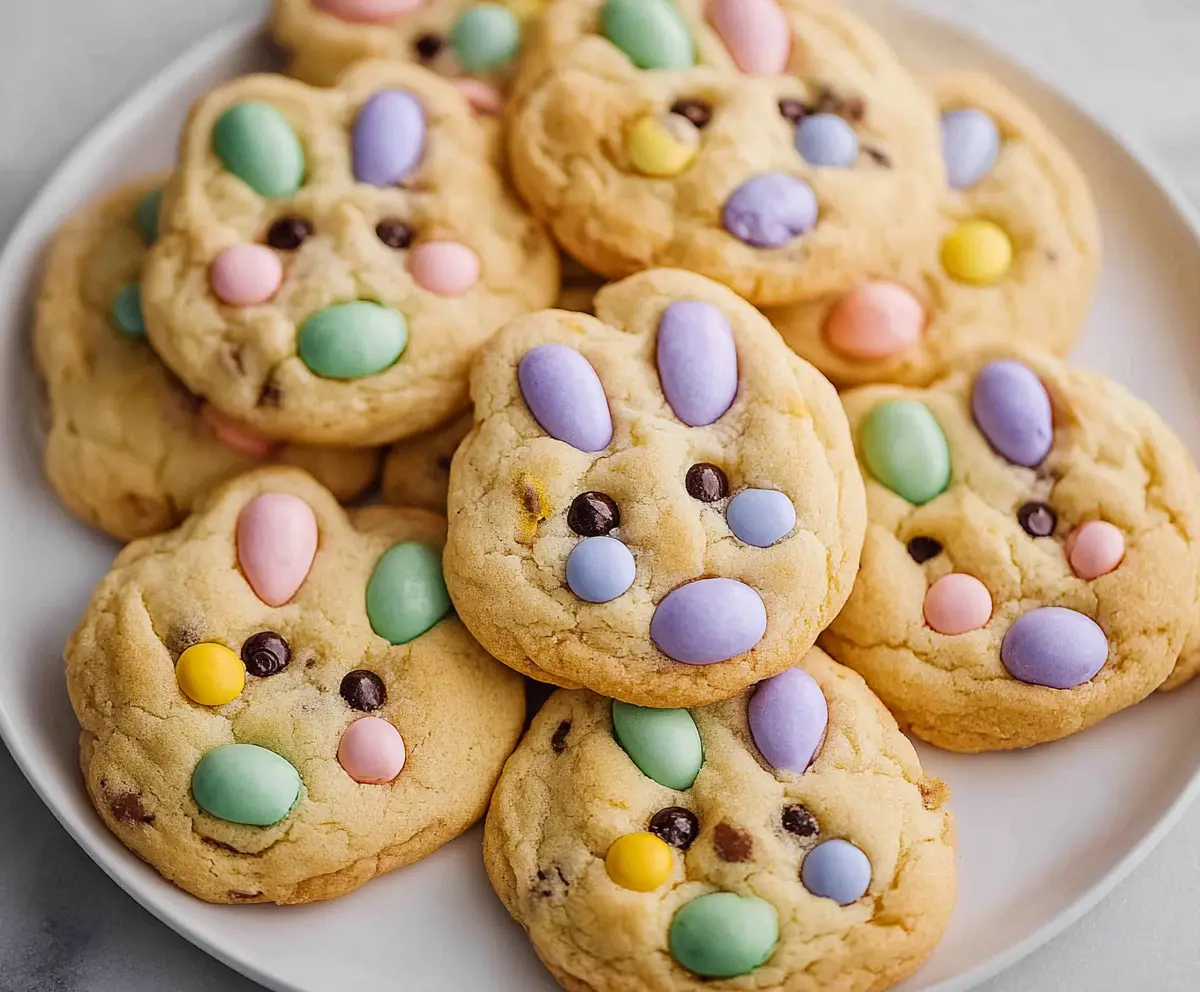 Delicious Easter Bunny M&M's Cookies with colorful candies and Easter-themed decorations.