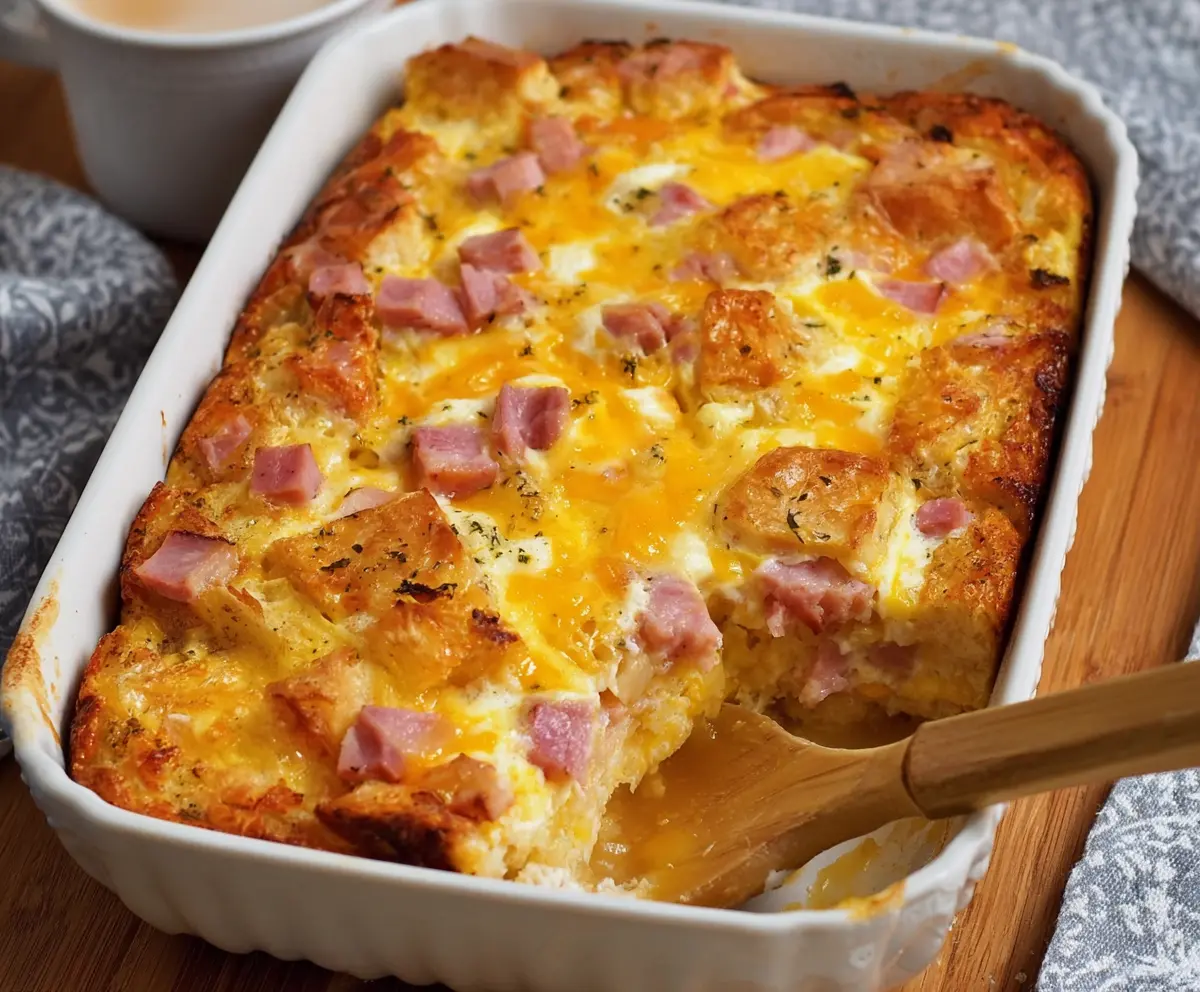 Easter cheesy ham and egg casserole served in a baked dish with melted cheese and fresh herbs.