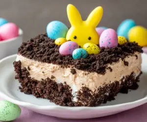 Delicious Easter Dirt Cake with chocolate crumbles, gummy worms, and colorful toppings for a festive celebration.