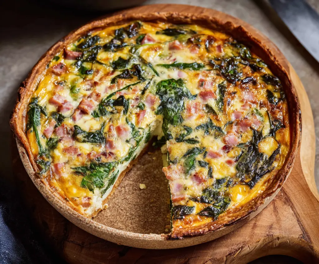 Delicious Easter ham and spinach quiche sliced and plated ready to serve.