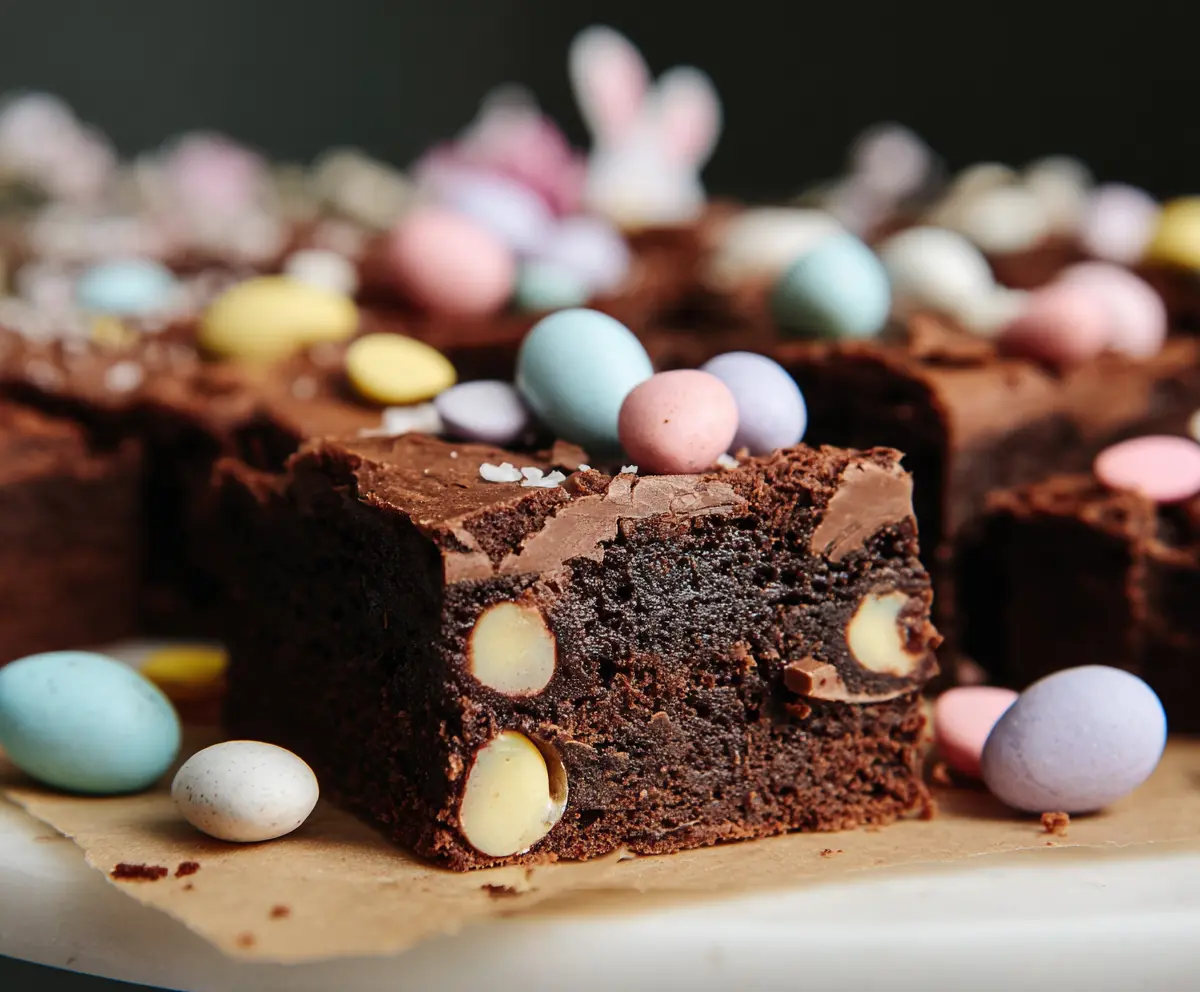 Delicious Frosted Mini Egg Easter Brownies with colorful sprinkles and chocolate glaze