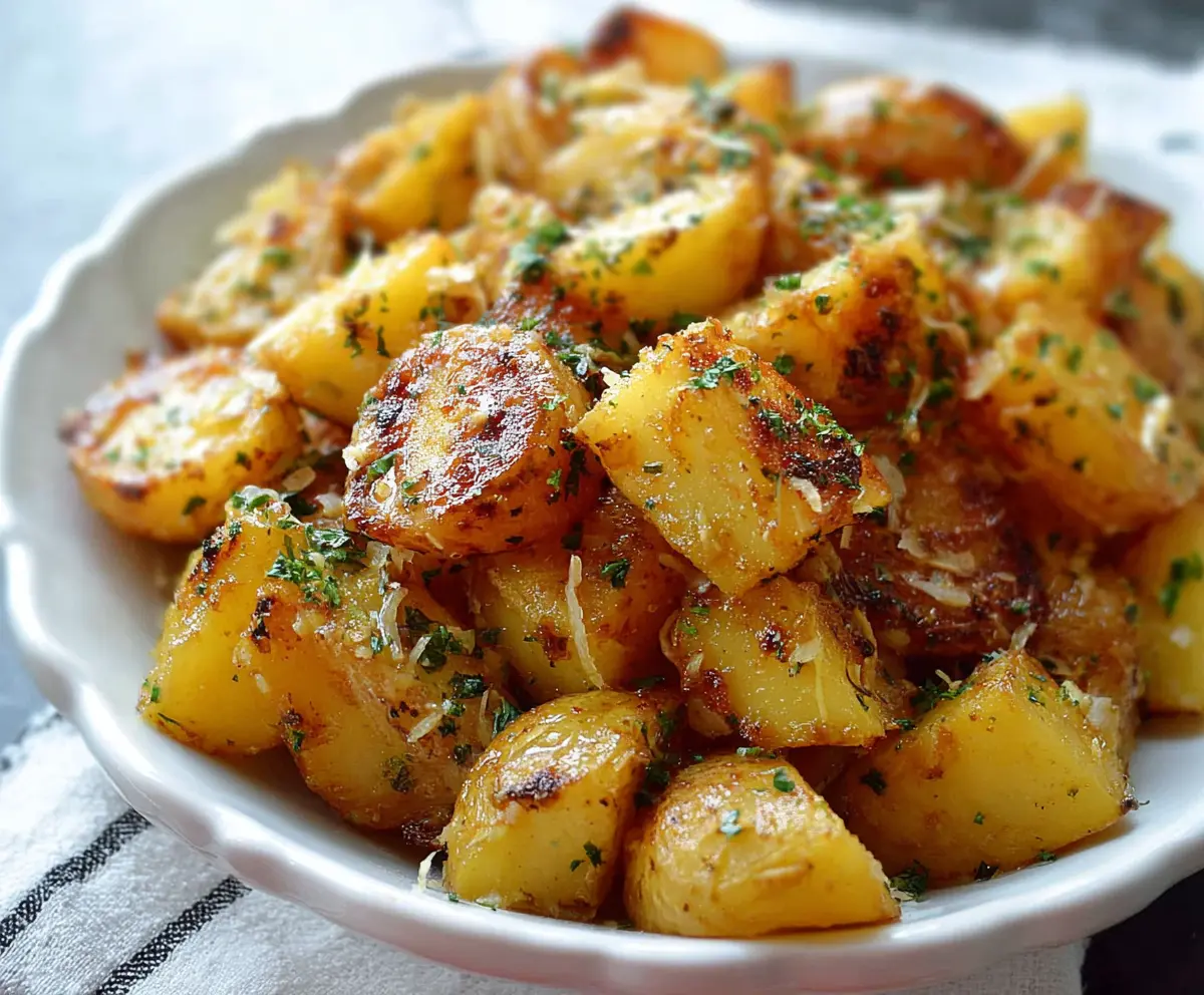 Baked garlic ranch potatoes garnished with fresh herbs on a rustic wooden table.