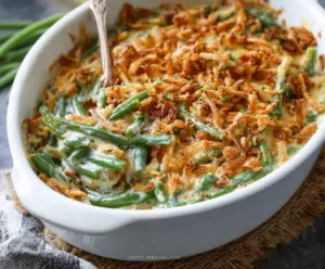 Delicious green bean casserole topped with crispy fried onions, perfect for holiday dinners.