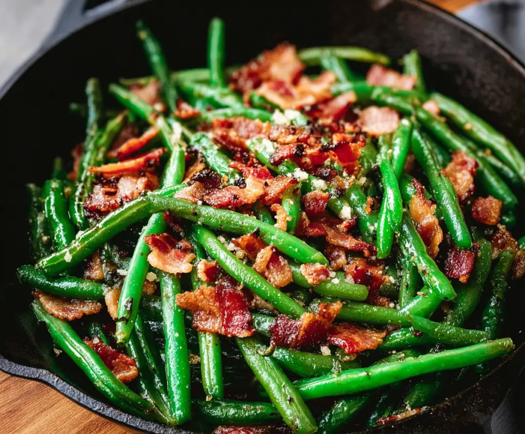 Delicious green beans with crispy bacon, perfect for a flavorful side dish.