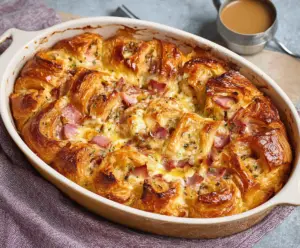 Delicious ham and cheese croissant brunch bake served hot on a plate.
