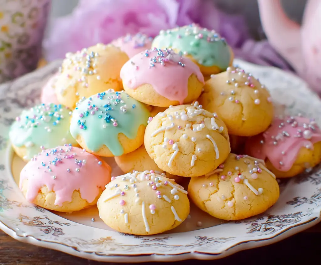 Traditional Italian Easter cookies with colorful sprinkles and festive decorations.