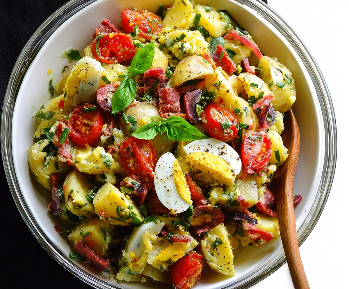 Colorful Italian Easter Potato Salad with fresh herbs and vibrant vegetables on a festive table.