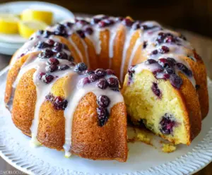Delicious lemon blueberry bundt cake with fresh blueberries and lemon glaze