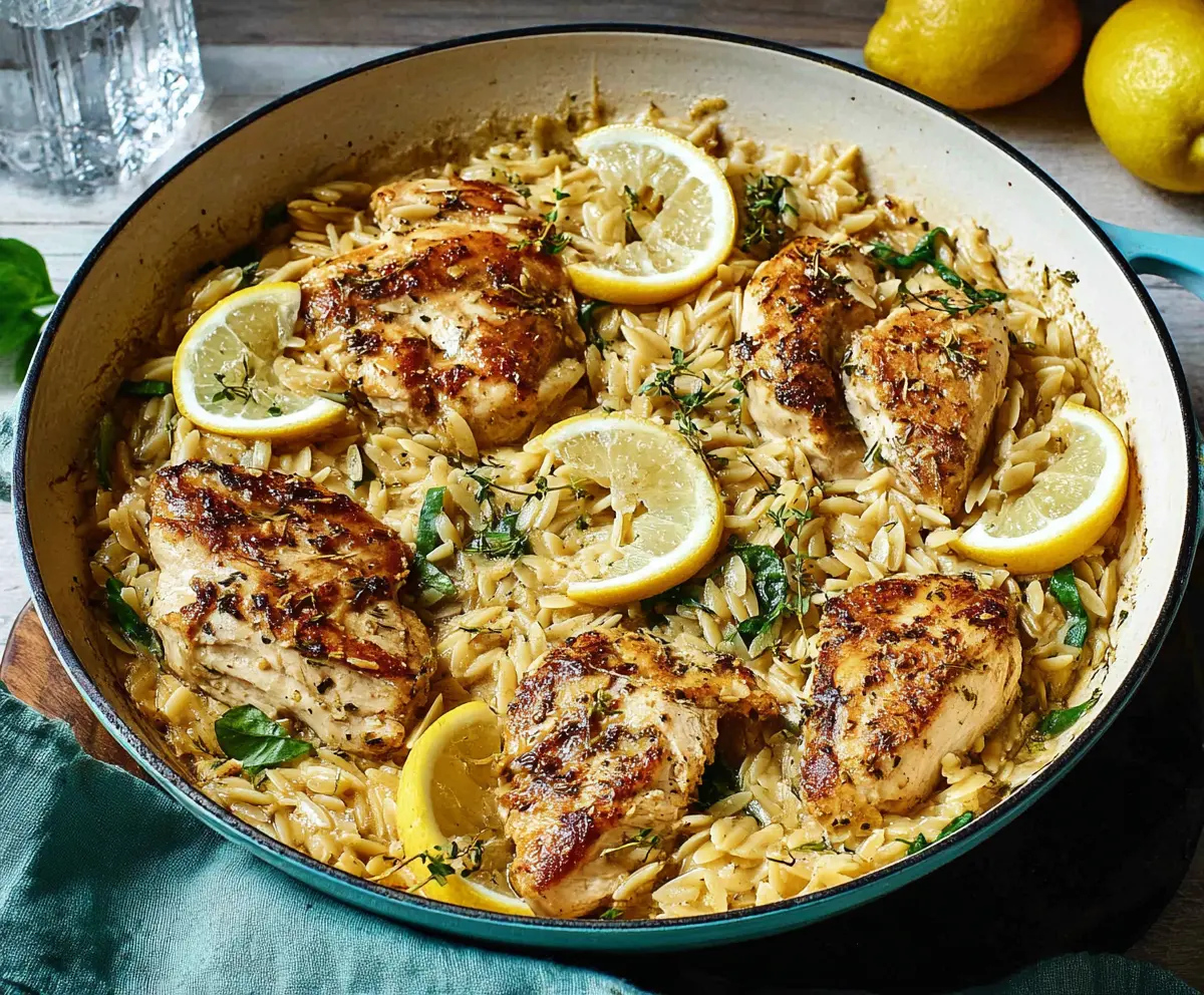 Delicious lemon chicken served with tender orzo pasta on a white plate.