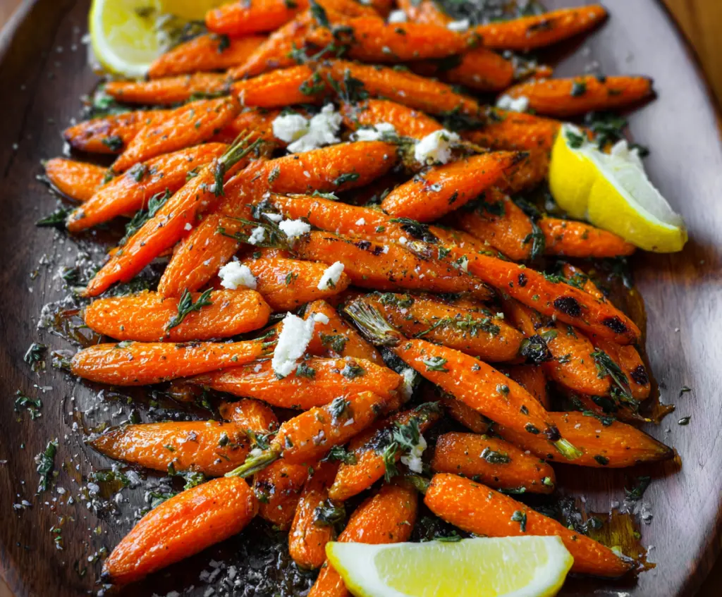 Delicious Lemon Dijon Roasted Carrots garnished with fresh herbs on a rustic plate.