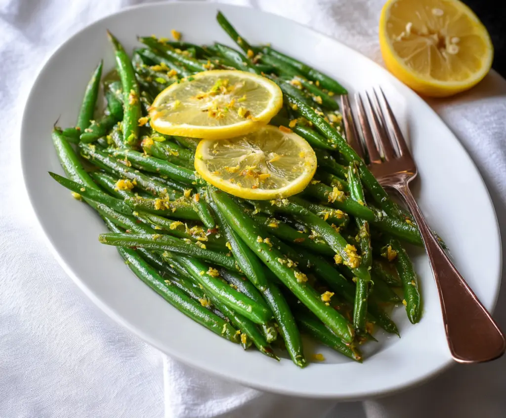 Fresh Lemon Green Beans dish garnished with lemon slices and herbs, perfect for healthy eating.
