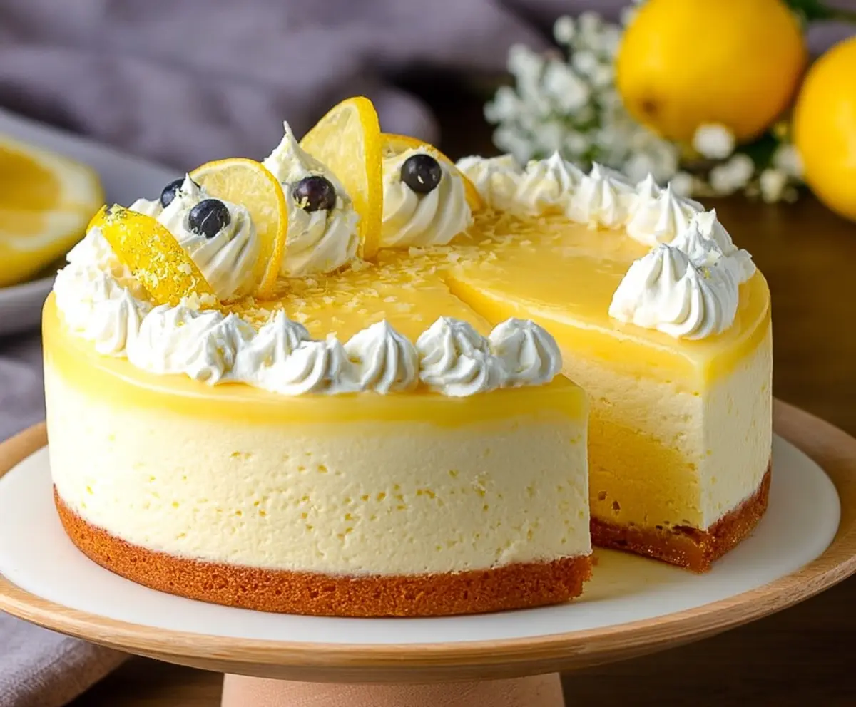 Delicious Lemon Mousse Cake with a smooth, creamy texture and lemon zest topping, perfect for dessert.