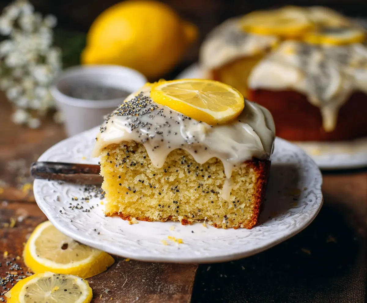 Delicious Lemon Poppy Seed Cake with a fresh lemon glaze on top.