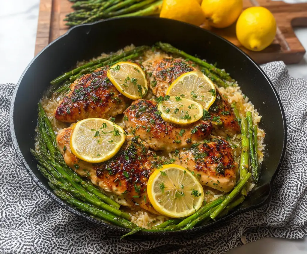 Delicious One Pan Lemon Herb Chicken with Asparagus served on a plate, garnished with fresh herbs