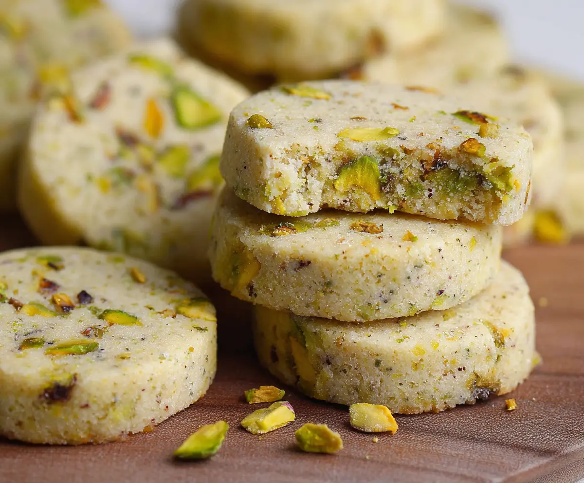 Delicious pistachio shortbread cookies on a white plate, garnished with crushed pistachios for a tasty treat.